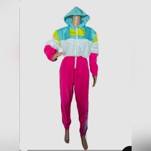 Retro Color Block One Piece Jumpsuit Windbreaker Track Suit Jumpsuit